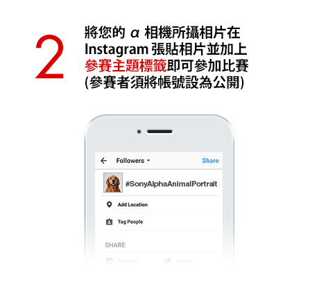 2) 將您的 α 相機所攝相片在 Instagram 張貼相片並加上參賽主題標籤即可參加比賽(參賽者須將帳號設為公開)
